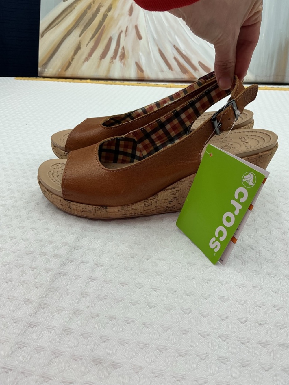 CROCS Brown Leather-Look Cork Wedge Slingback Sandals